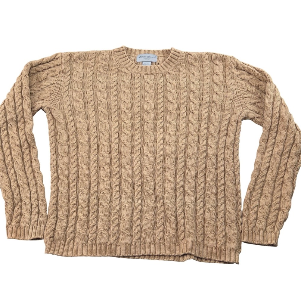 Vintage Eddie Bauer Sweater Womens M Tan Cable Knit Crewneck 90s Timeless Preppy